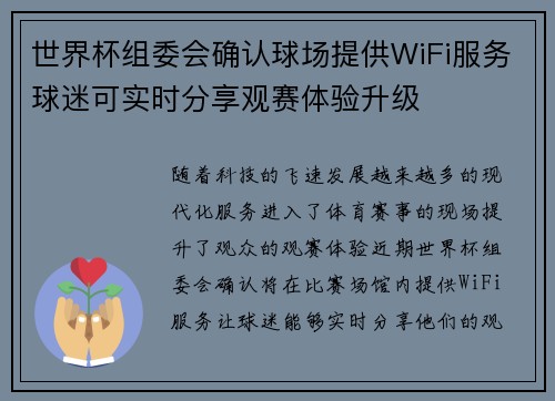 世界杯组委会确认球场提供WiFi服务球迷可实时分享观赛体验升级